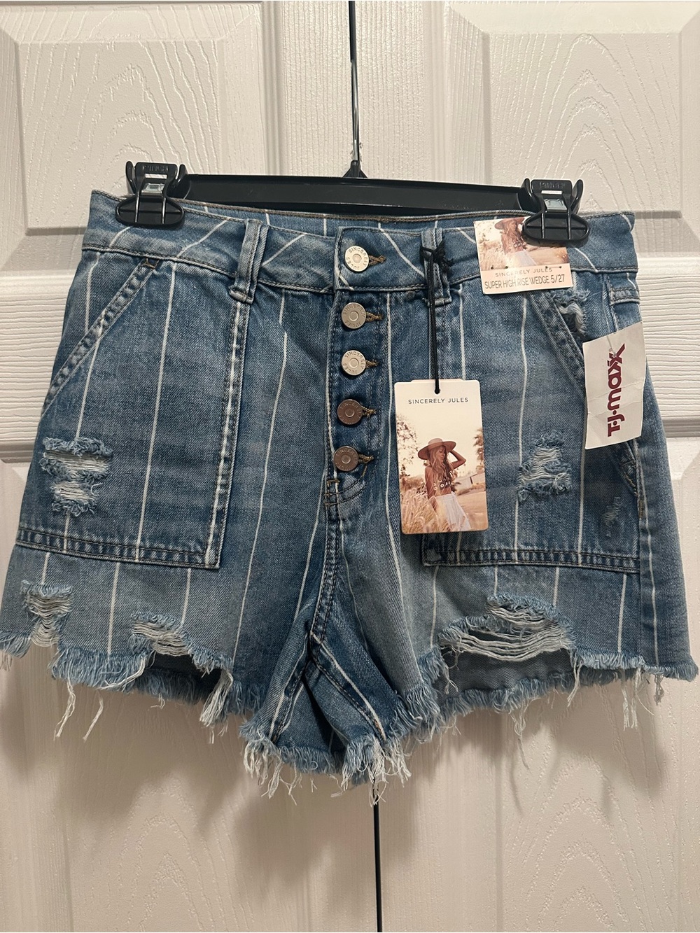 Sincerly Jules Blue Striped High-Rise Distressed Jean Shorts 5/27 NWT